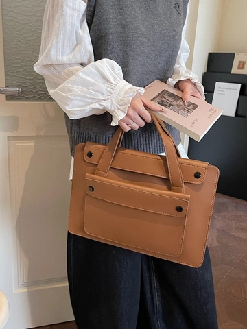 PU Leather Laptop Handbag For Women Large Capacity Office Briefcase Daily Commuter Multi Pocket Solid Color Business Bag