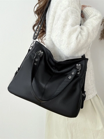 Sac Fourre-tout Large pour Femme Texture Litchi en Cuir PU Sac à Bandoulière Décoration Rivets Sac à Main Casual