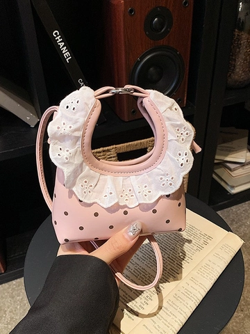 Bolso Bandolera Mini de Lunares para Mujer Diseño Vintage con Volantes de Encaje Bolso de Mano Pequeño de Cuero PU Bolso de Hombro