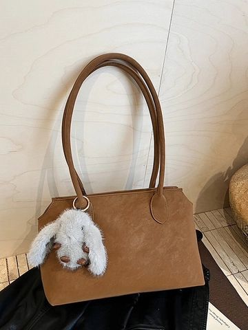 Bolso de Mano Casual de Cuero PU para Mujer Gran Capacidad Bolso de Hombro Retro con Colgante de Conejo de Peluche