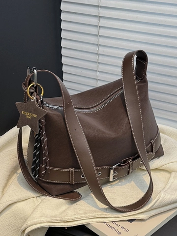 Women Vintage PU Leather Baguette Bag Contrast Stitching Shoulder Bag With Star Pendant For Daily Commuting Casual Handbag