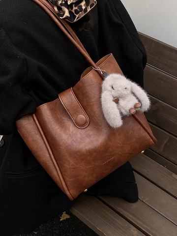 Borsa Tote Pendolare Vintage per Donna in Pelle PU Grande Capacità Borsa a Tracolla Con Pochette e Ciondolo a Coniglio Borsa alla Moda