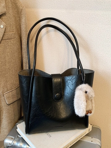 Borsa Tote Pendolare Vintage per Donna in Pelle PU Grande Capacità Borsa a Tracolla Con Pochette e Ciondolo a Coniglio Borsa alla Moda