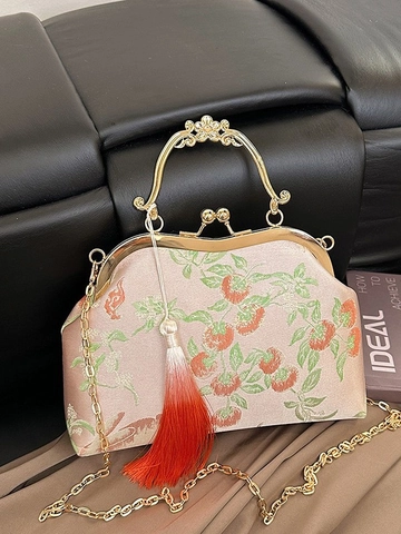 Vintage Chinese Style Embroidery Crossbody Bag Floral Persimmon Pattern Satin Metal Frame Kiss Lock Tassel Chain Shoulder Bag