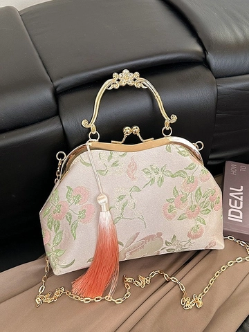 Vintage Chinese Style Embroidery Crossbody Bag Floral Persimmon Pattern Satin Metal Frame Kiss Lock Tassel Chain Shoulder Bag