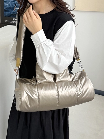 Bolso de Mano Acolchado Metálico para Mujer Gran Capacidad Ligero Bolso de Hombro Casual Moda Bolso Tote Acolchado