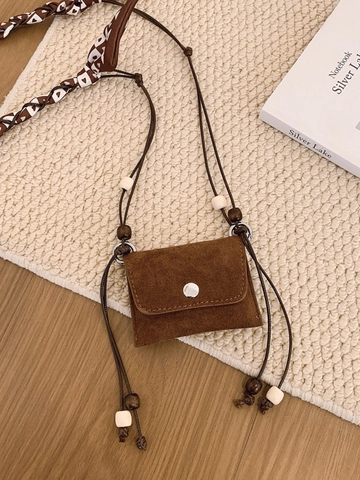 Mini Borsa a Spalla in Pelle PU per Donna Vintage Texture Scamosciata Borsa a Tracolla Con Foulard a Cuore Perline di Legno