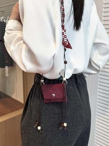 Mini Borsa a Spalla in Pelle PU per Donna Vintage Texture Scamosciata Borsa a Tracolla Con Foulard a Cuore Perline di Legno