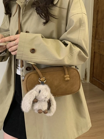 Borsa Bowling Vintage Da Donna In Pelle PU Scamosciata Borsa A Tracolla Con Ciondolo A Forma Di Coniglio In Peluche Satchel Casual