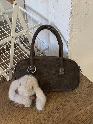 Borsa Bowling Vintage Da Donna In Pelle PU Scamosciata Borsa A Tracolla Con Ciondolo A Forma Di Coniglio In Peluche Satchel Casual