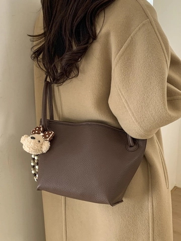 Damen Retro Lychee-Muster PU-Leder Eimertasche Mit Plüschbären-Anhänger Große Kapazität Schulter Umhängetasche Handtasche