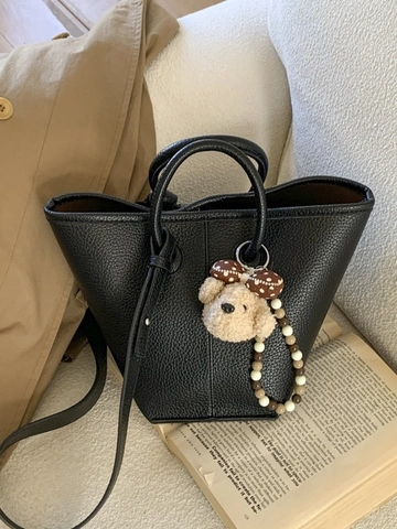 Damen Retro Lychee-Muster PU-Leder Eimertasche Mit Plüschbären-Anhänger Große Kapazität Schulter Umhängetasche Handtasche