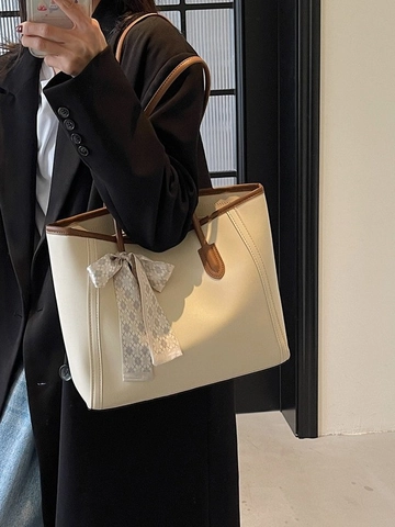 Damen Retro Tragetasche Aus PU Leder Mit Großer Kapazität Und Schal Dekoration Minimalistische Schultertasche Casual Handtasche