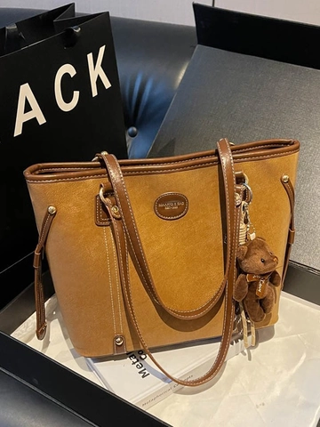 Bolso de Mano Retro de Cuero PU para Mujer Gran Capacidad Con Colgante de Oso Costuras en Contraste Bolso de Hombro Diario