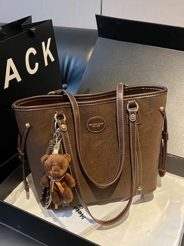 Bolso de Mano Retro de Cuero PU para Mujer Gran Capacidad Con Colgante de Oso Costuras en Contraste Bolso de Hombro Diario