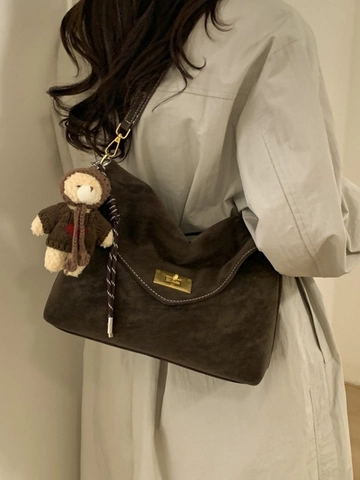 Korean Retro PU Leather Underarm Shoulder Bag For Women Contrast Stitching With Plush Bear Pendant Turn Lock Commuter Bag