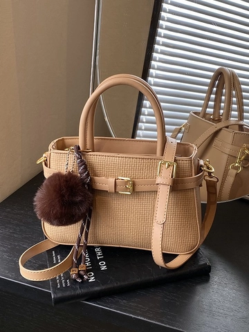 Koreaanse Vintage Geweven Stof Emmertas Voor Vrouwen Winter Minimalistische Crossbody Schoudertas Met Pluche Bal Bedeltje