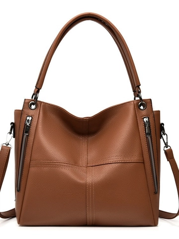 Grand Sac Fourre-tout en Cuir PU pour Femmes Texture Litchi Navette Sac à Bandoulière Avec Fermetures Éclair Latérales Décoratives