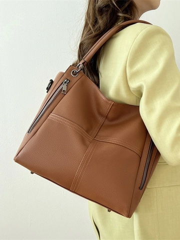 Grand Sac Fourre-tout en Cuir PU pour Femmes Texture Litchi Navette Sac à Bandoulière Avec Fermetures Éclair Latérales Décoratives