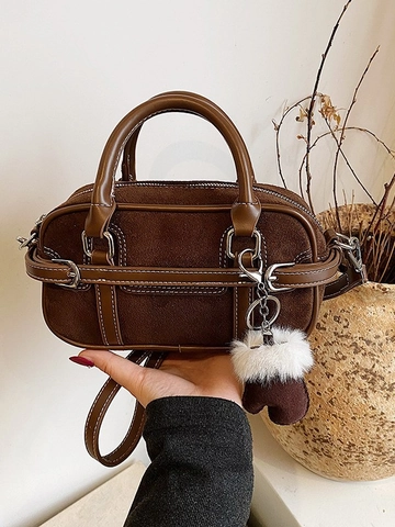 Vintage PU Suede Bowling Bag For Women Retro Solid Color Top Handle Bag Korean Style Shoulder Crossbody Bag With Charm