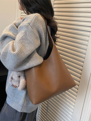 Retro Litchi Pattern PU Leather Shoulder Bag For Women Fashion Commuter Hobo Bucket Tote Bag With Plush Rabbit Pendant