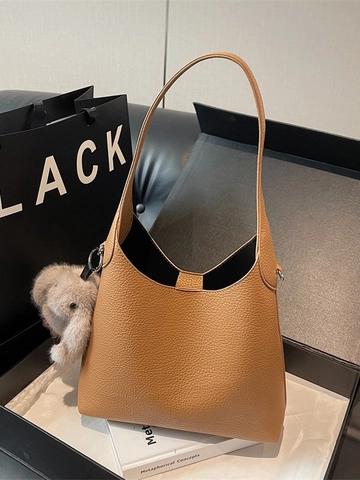 Retro Litchi Pattern PU Leather Shoulder Bag For Women Fashion Commuter Hobo Bucket Tote Bag With Plush Rabbit Pendant