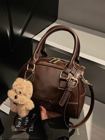 Bolso Boston de Cuero PU Vintage para Mujer Bolso de Hombro Retro con Amuleto de Felpa Bolso Cruzado Color Sólido
