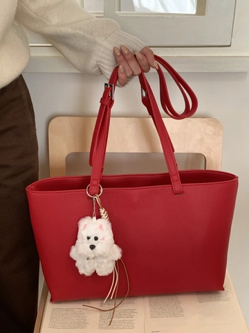 Borsa Tote in Pelle PU Donna Grande Capacità Motivo Litchi Vintage Borsa a Tracolla Con Ciondolo Peluche Casual Ufficio