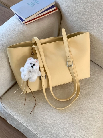 Borsa Tote in Pelle PU Donna Grande Capacità Motivo Litchi Vintage Borsa a Tracolla Con Ciondolo Peluche Casual Ufficio