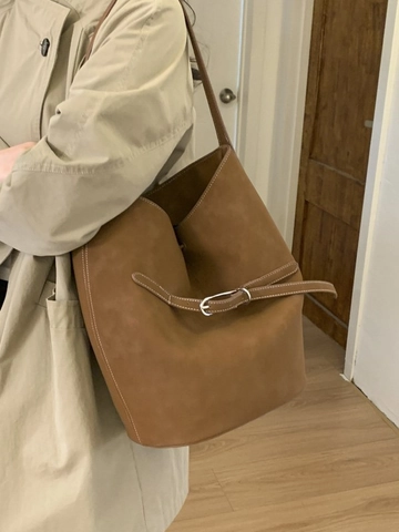 Borsa a Secchiello Retro Grande Capacità Donna Borsa a Tracolla Minimalista in Pelle PU Elegante Borsa con Fibbia