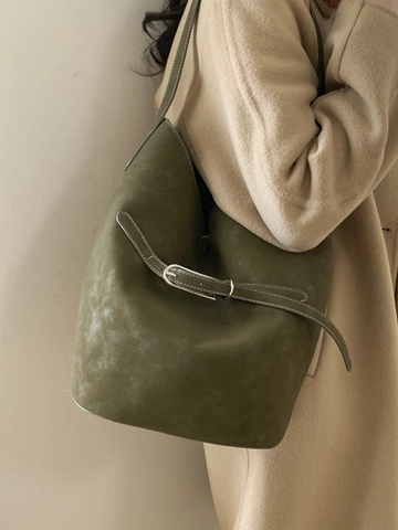 Borsa a Secchiello Retro Grande Capacità Donna Borsa a Tracolla Minimalista in Pelle PU Elegante Borsa con Fibbia