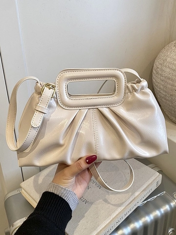 Trendy Shiny PU Leather Pleated Cloud Tote Bag For Women Retro Minimalist Crossbody Shoulder Bag With Unique Hollow Handle Handbag