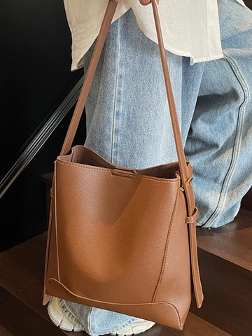 Borsa a Secchiello in Pelle PU Grande Capacità Donna Texture Litchi Urban Minimalist Borsa a Tracolla Tinta Unita Pendolare