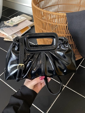 Trendy Shiny PU Leather Pleated Cloud Tote Bag For Women Retro Minimalist Crossbody Shoulder Bag With Unique Hollow Handle Handbag