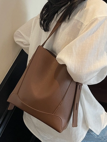Borsa a Secchiello in Pelle PU Grande Capacità Donna Texture Litchi Urban Minimalist Borsa a Tracolla Tinta Unita Pendolare