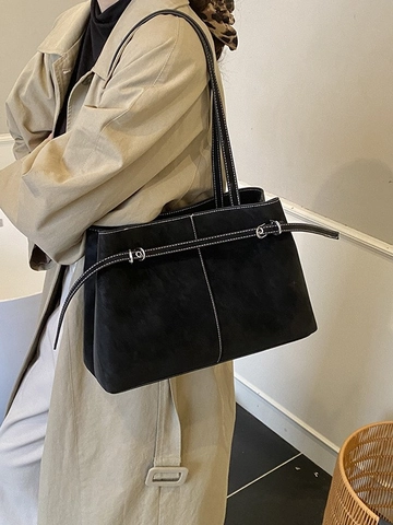 Bolso Tote de Cuero PU Retro para Mujer Gran Capacidad Bolso de Hombro Conmutador Con Costuras de Contraste Blancas Bolso Minimalista
