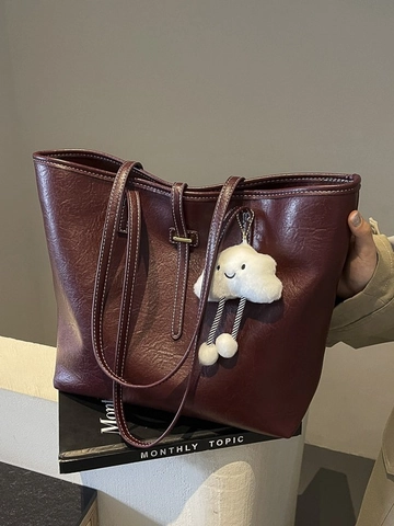 Sac Cabas Femme Grande Capacité en Cuir PU Avec Surpiqûres Contrastées Style Vintage Paresseux Sac à Épaule Pendentif Nuage Sac à Main