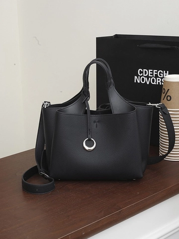 Minimalistische Damen PU Leder Handtasche Litschi Muster Tote Tasche Old Money Style Umhängetasche Mit Metallring Dekor