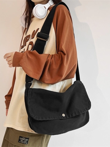 Bolso Bandolera de Lona de Gran Capacidad para Mujer Bolso de Mensajero Informal para Estudiantes Color Sólido Letra Impresa