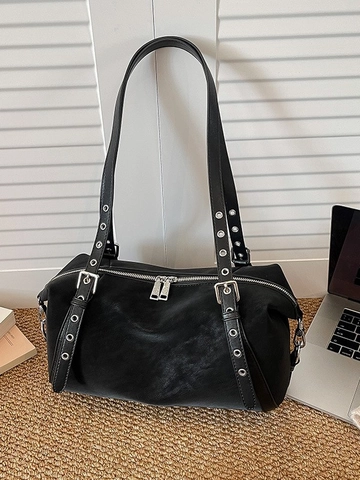 Vintage PU Leather Boston Bag For Women Solid Color Large Capacity Handbag Adjustable Eyelet Strap Daily Crossbody Shoulder Bag