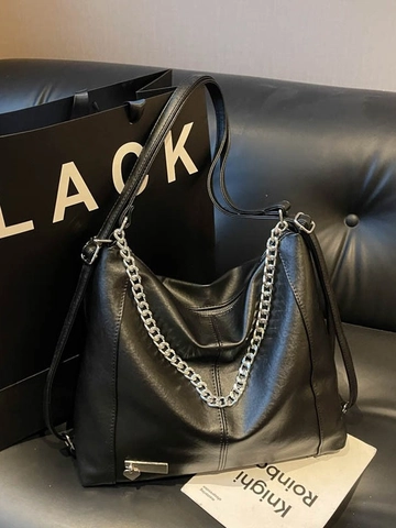 Bolso de Mano Grande para Mujer en Cuero de Poliuretano Cadena Gruesa Plateada Bolso de Hombro Versátil Colgante Corazón Mochila Urbana