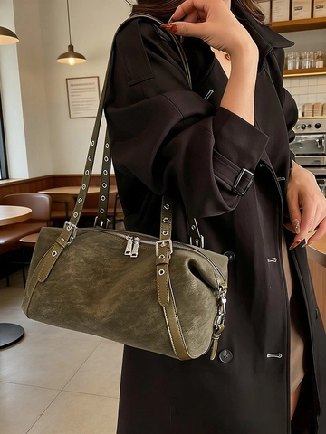 Vintage PU Leather Boston Bag For Women Solid Color Large Capacity Handbag Adjustable Eyelet Strap Daily Crossbody Shoulder Bag