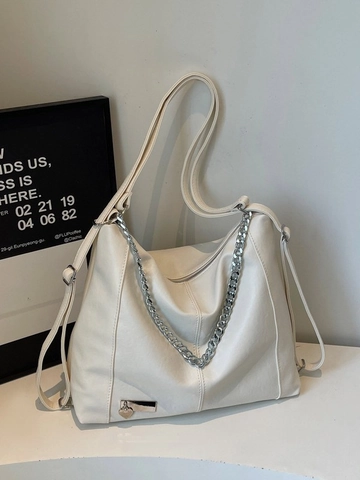 Bolso de Mano Grande para Mujer en Cuero de Poliuretano Cadena Gruesa Plateada Bolso de Hombro Versátil Colgante Corazón Mochila Urbana