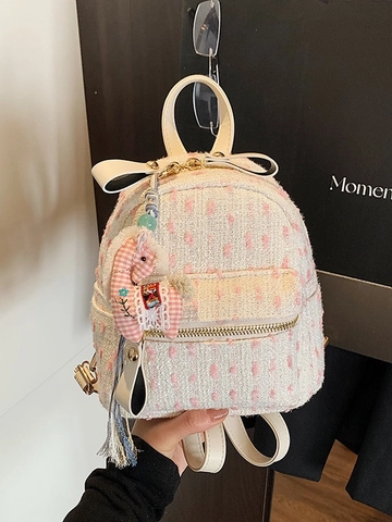 Mochila Mini de Tweed para Mujer Cuero PU Mochila Pequeña con Colgante de Animal y Lazo Elegante Bolso de Hombro Casual