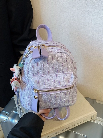 Mochila Mini de Tweed para Mujer Cuero PU Mochila Pequeña con Colgante de Animal y Lazo Elegante Bolso de Hombro Casual