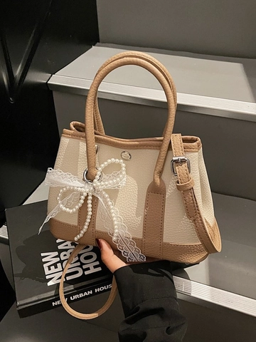 Kontrast PU Leder Garten Handtasche Mit Perlen Spitze Schleife Anhänger Nähte Top Griff Umhängetasche Für Damen