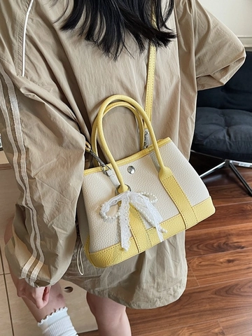 Kontrast PU Leder Garten Handtasche Mit Perlen Spitze Schleife Anhänger Nähte Top Griff Umhängetasche Für Damen