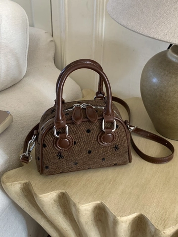 Mini Bolso Boston Retro de Lunares para Mujer Con Lazo Decorativo de PU Bolso de Bandolera Con Doble Asa Correa Ajustable