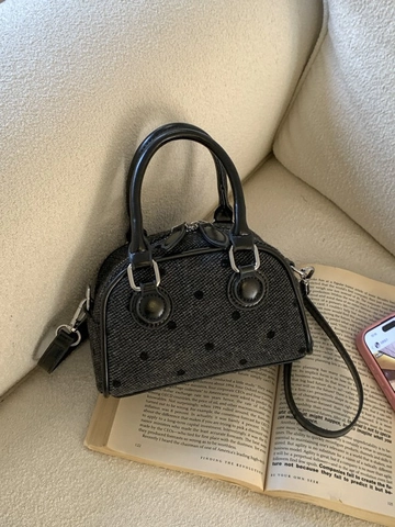 Mini Bolso Boston Retro de Lunares para Mujer Con Lazo Decorativo de PU Bolso de Bandolera Con Doble Asa Correa Ajustable