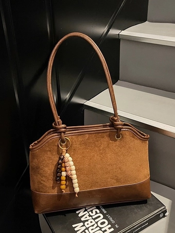 Borsa Tote da Donna Retro in Finta Scamosciata Ciondolo di Perline Giunzione Borsa a Spalla Grande Capacità Urban Minimalista